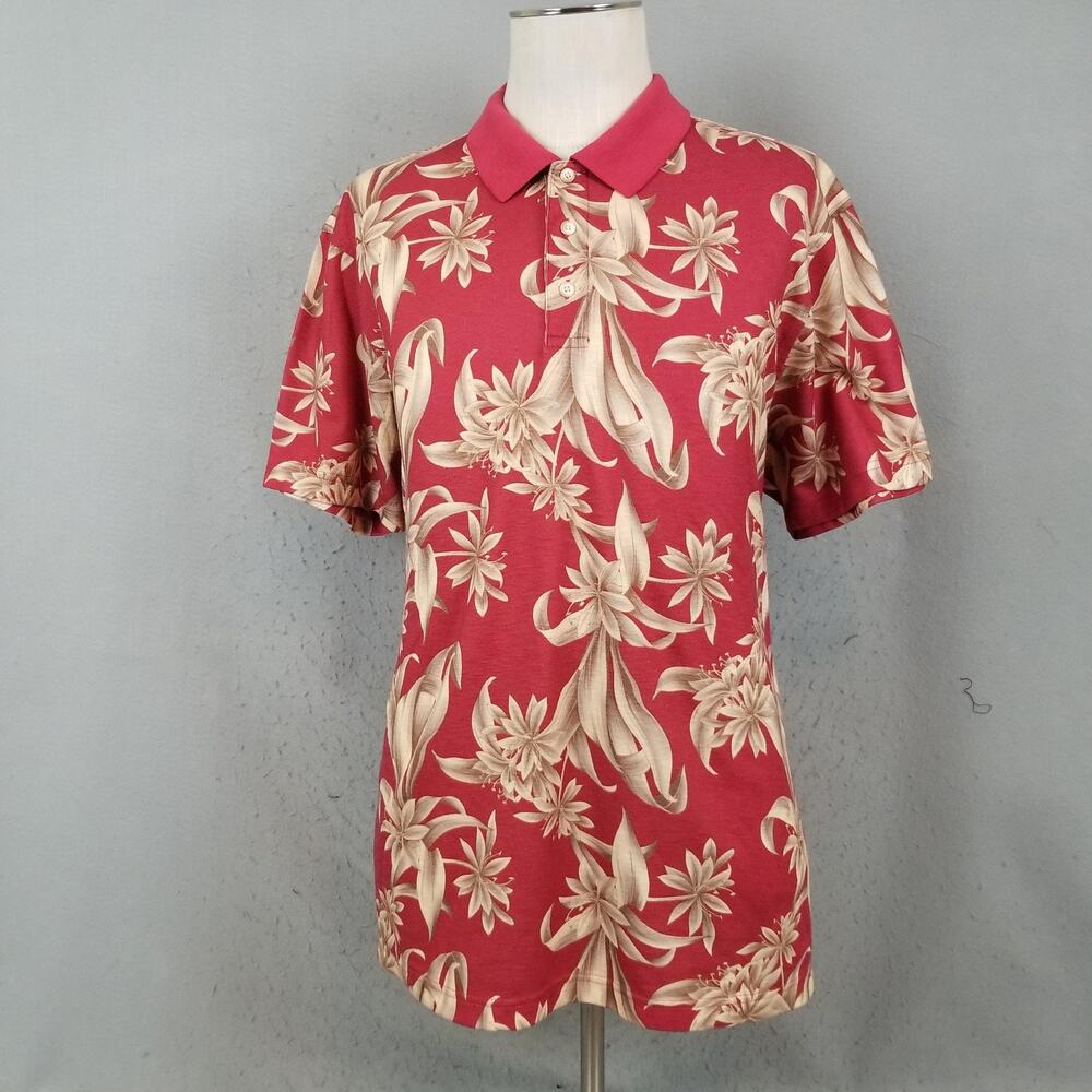 Bahama Bay Club Polo Shirt Mens‎ 2XL Red Tan Hawaiian Floral Aloha Short Sleeve